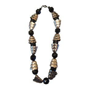 Vintage Black Faceted Bead Necklace Silver Tone Scalloped Caps Art Deco Style